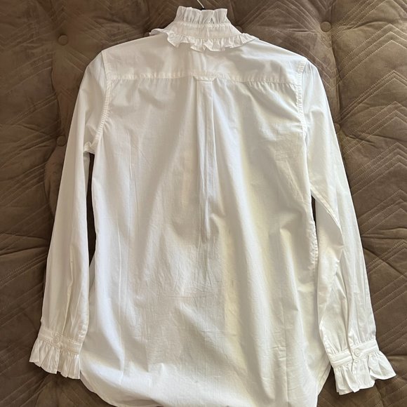 J Crew Pinstripe, Ruffled Sleeves and Collar, Button-up Blouse Size 00 - Picture 3 of 4